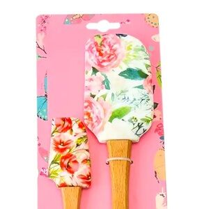 Set of 2 Pink Floral Silicone Kitchen Spatulas Pink Flowers Green Leaves